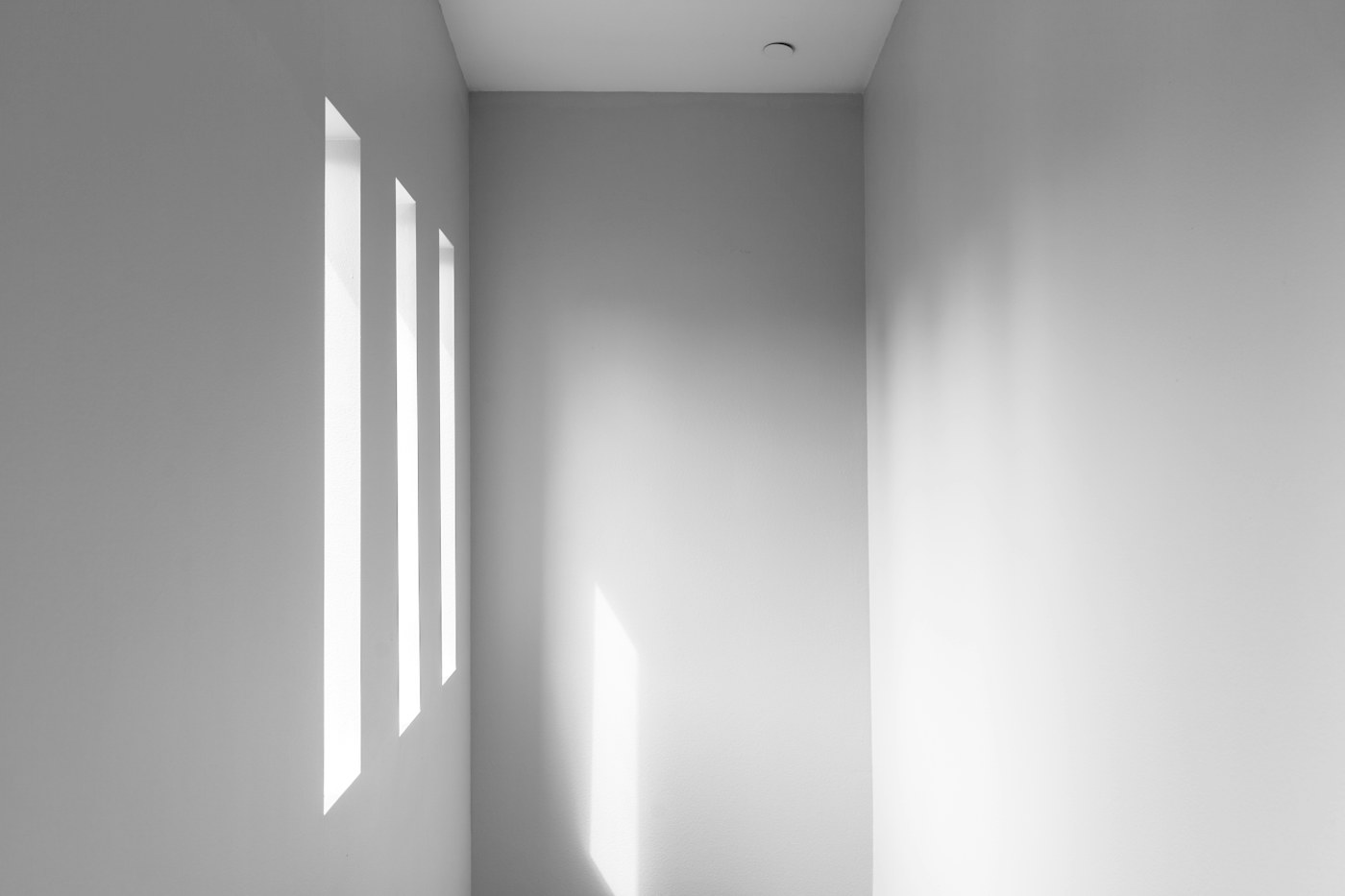 A quiet white architectural hallway, daylight and shadow.