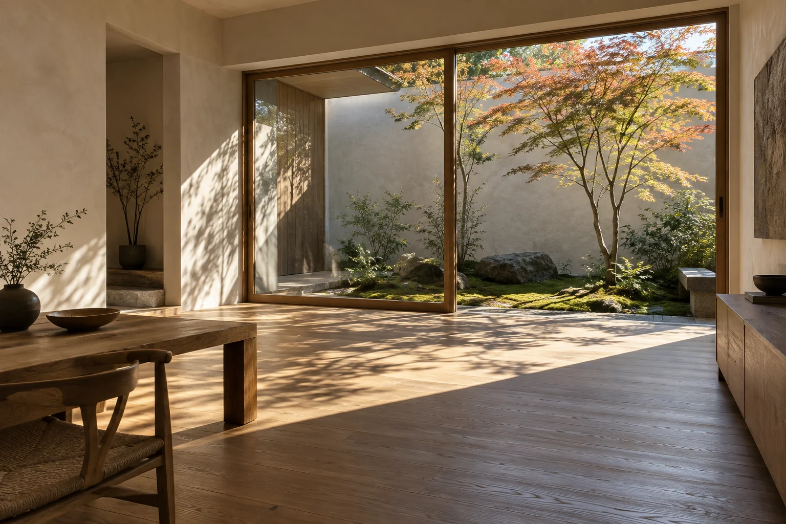 Sunlight stretching across an oak floor into a garden